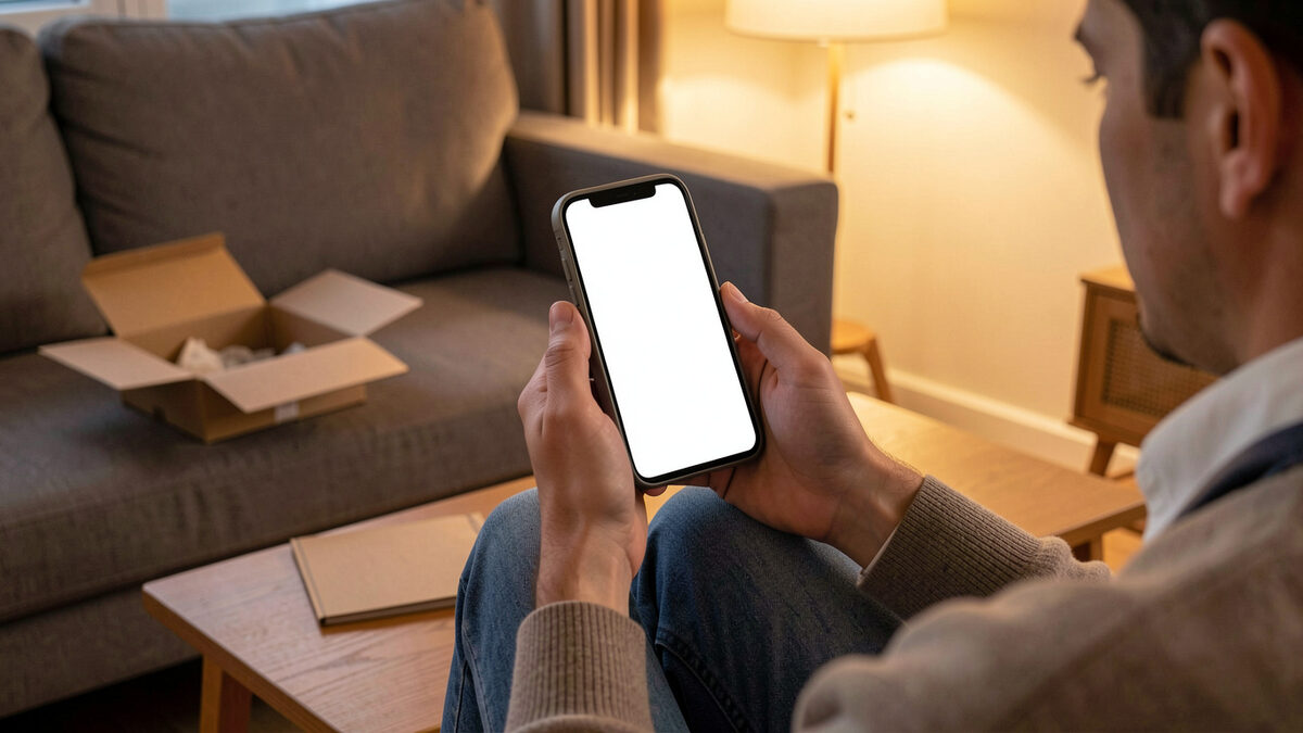 A photograph of a person sitting on a sofa holding a smartphone with a blank screen, a half-open parcel on the coffee table, warm lamp light
