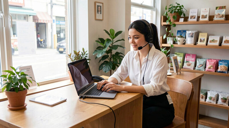 A photograph of a customer service desk in a small shop with a laptop and a headset, a shop assistant seated, soft daylight