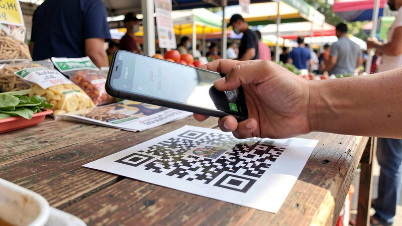 A photograph of a smartphone held over a QR code sticker on a market stall table, close view, daylight