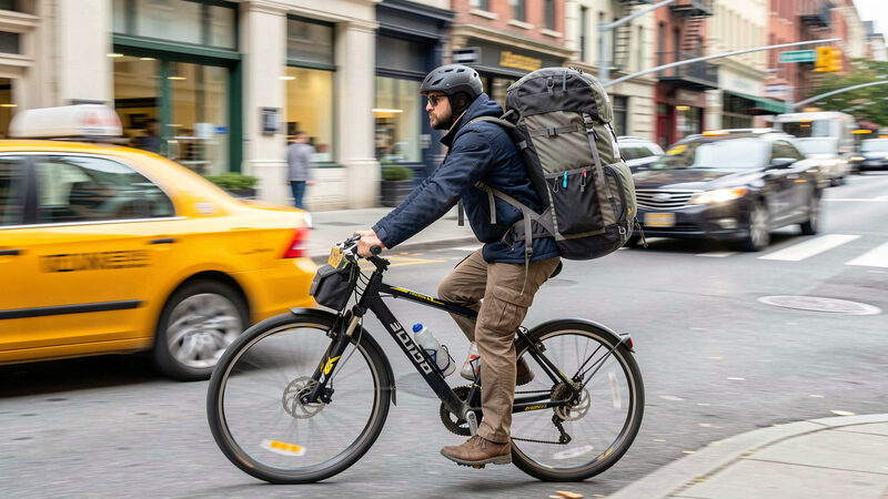 A photograph of a courier on a bicycle with a large delivery backpack stopping on a city street, motion blur behind