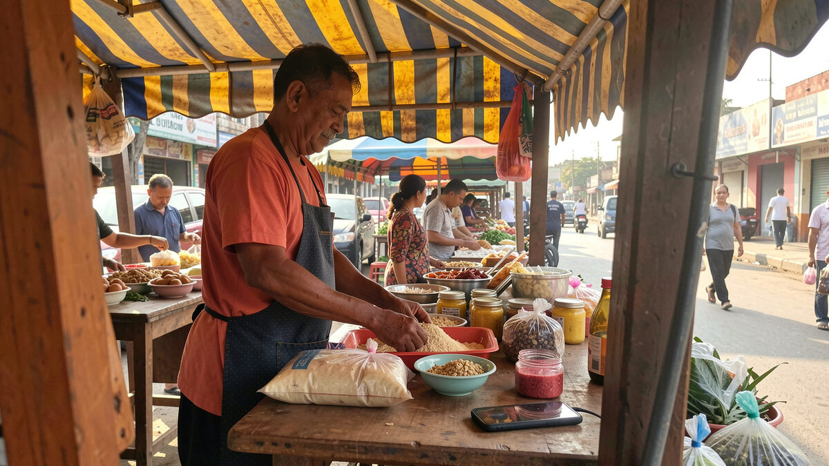 A photograph of a market trader arranging goods on a stall under a striped awning while a phone rests on the counter, morning light