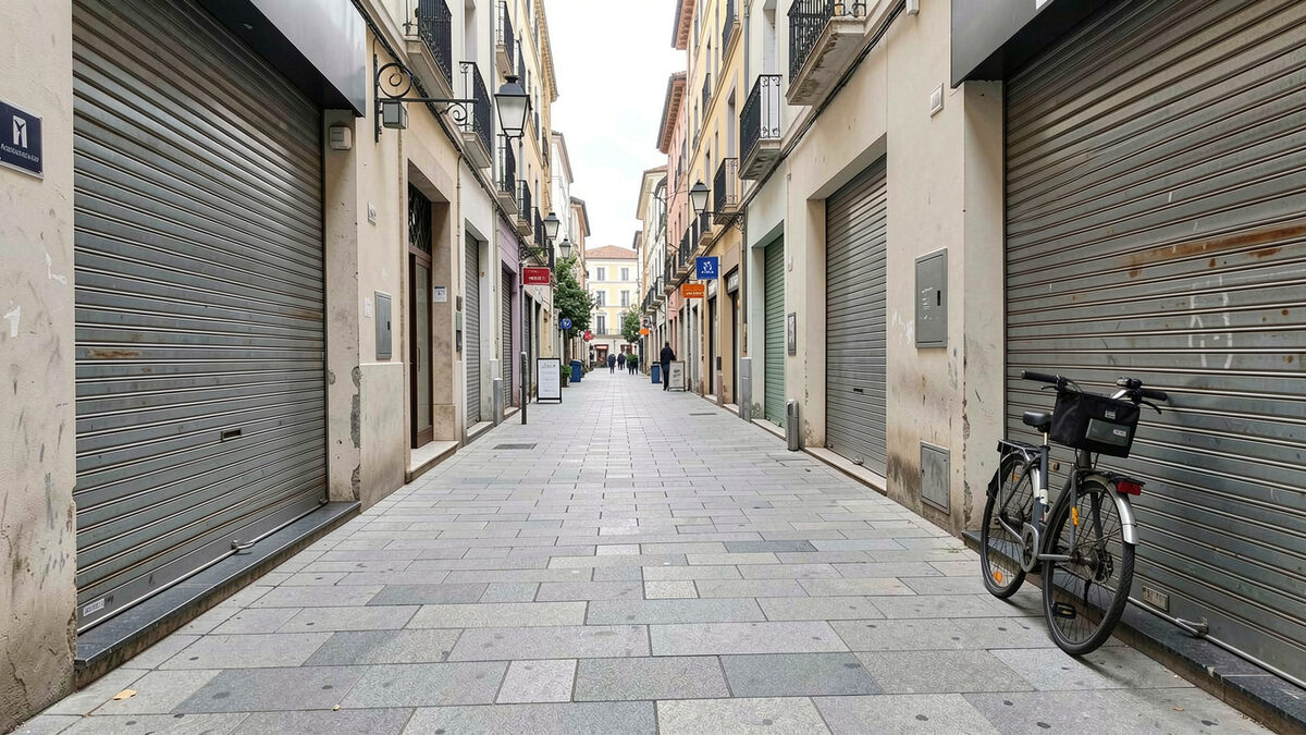 A wide photograph of an empty pedestrian shopping street with closed metal shutters and a single courier bicycle leaning against a wall, overcast morning light