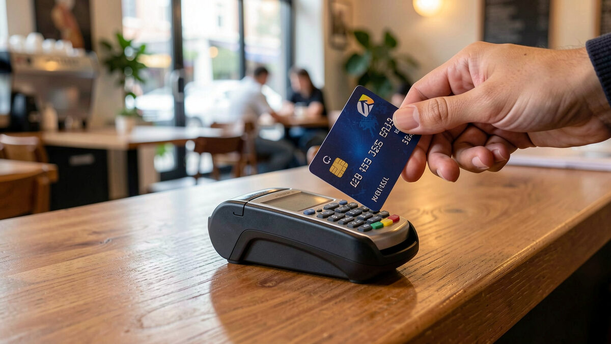 A photograph of a hand tapping a bank card on a small card reader on a cafe counter, blurred interior behind