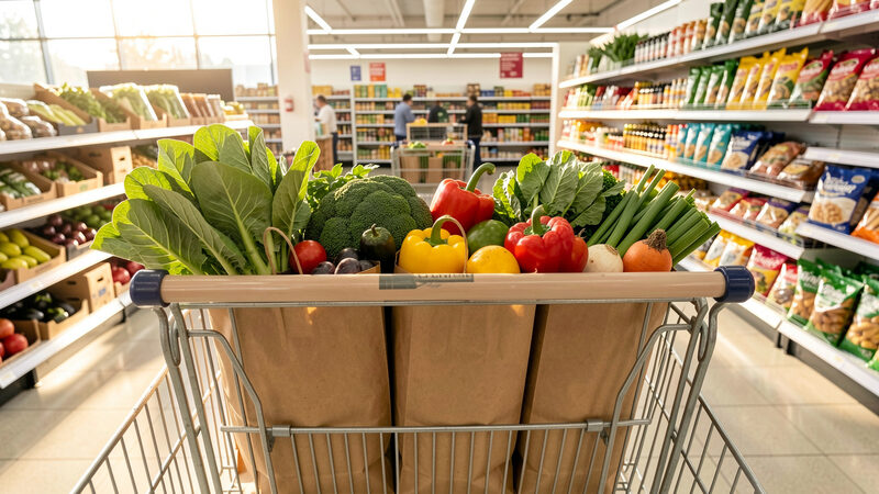 A photograph of a supermarket trolley half filled with groceries and a paper shopping list held in a hand, bright aisle light